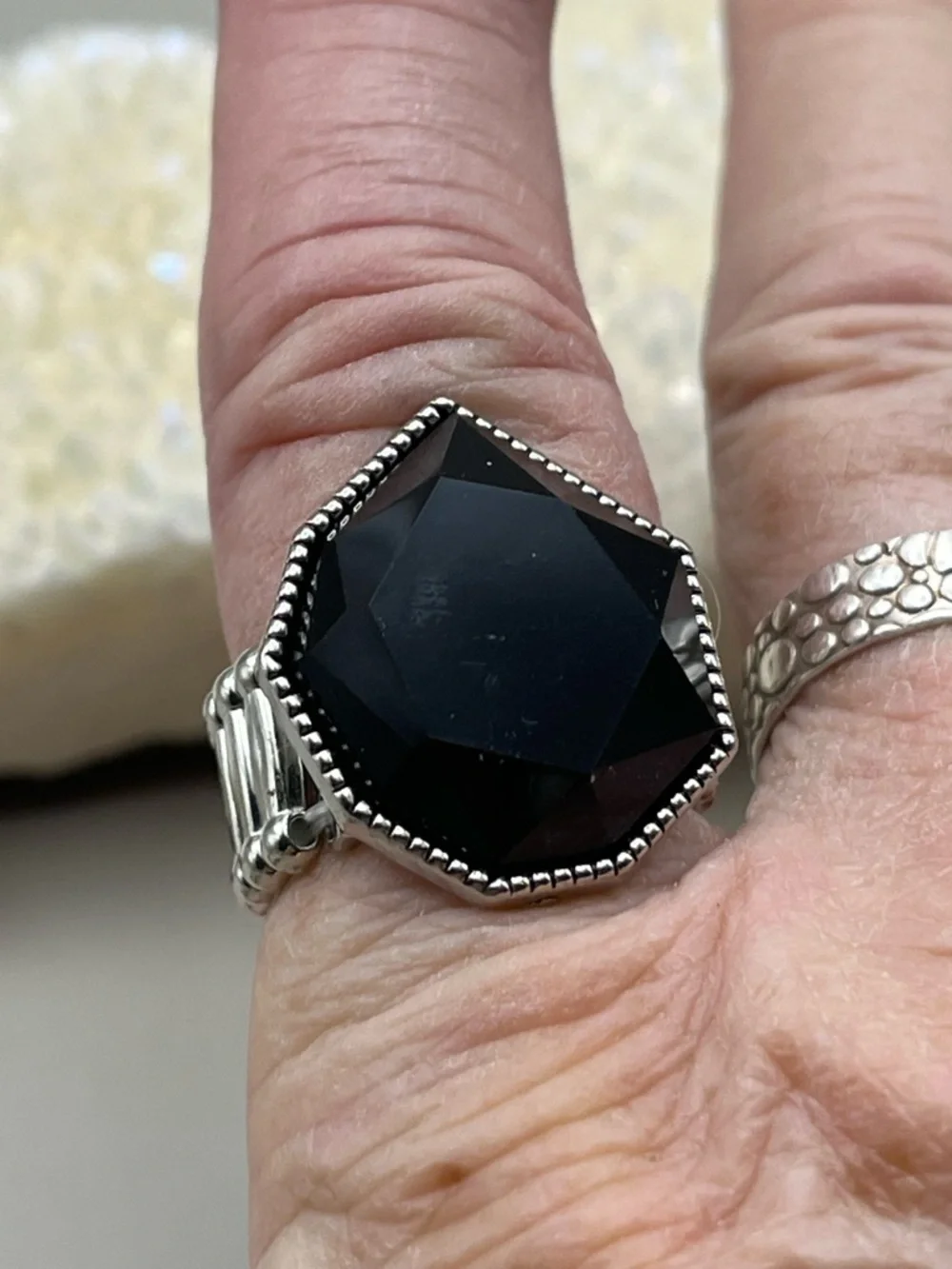 LOT OF 4 Gorgeous Silver Tone Stretchy Statement Rings - Black & White Glam